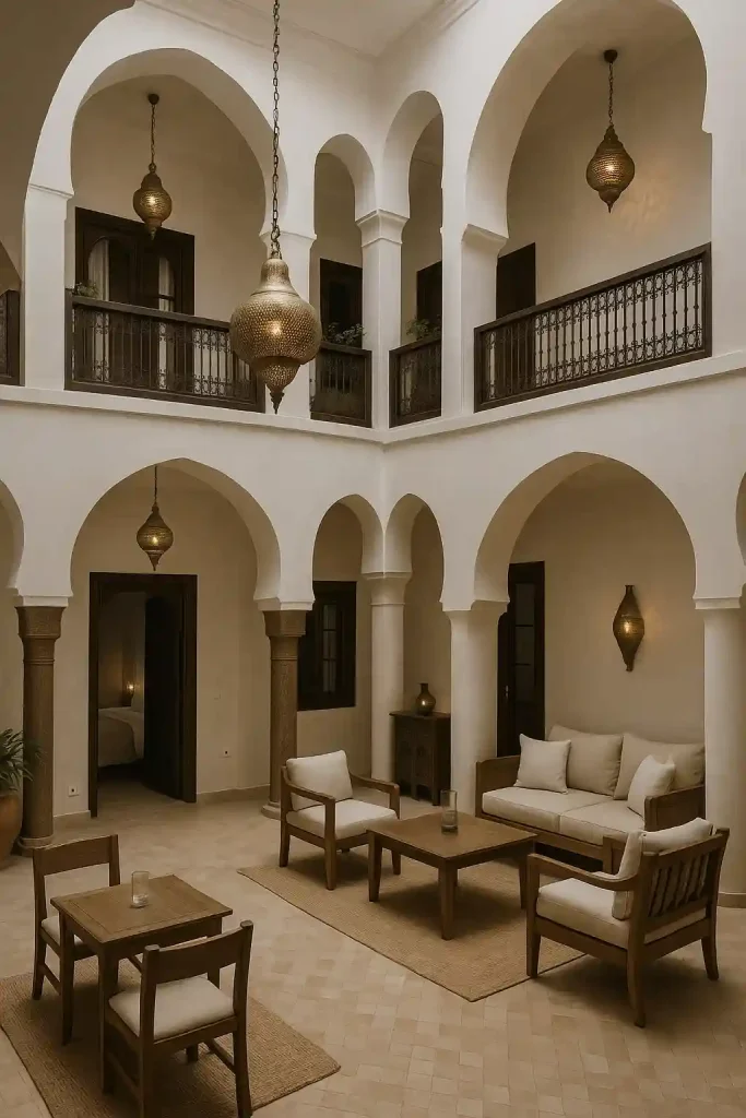Intérieur d’un Riad de Luxe à Marrakech – Ambiance Chaleureuse & Élégance Authentique