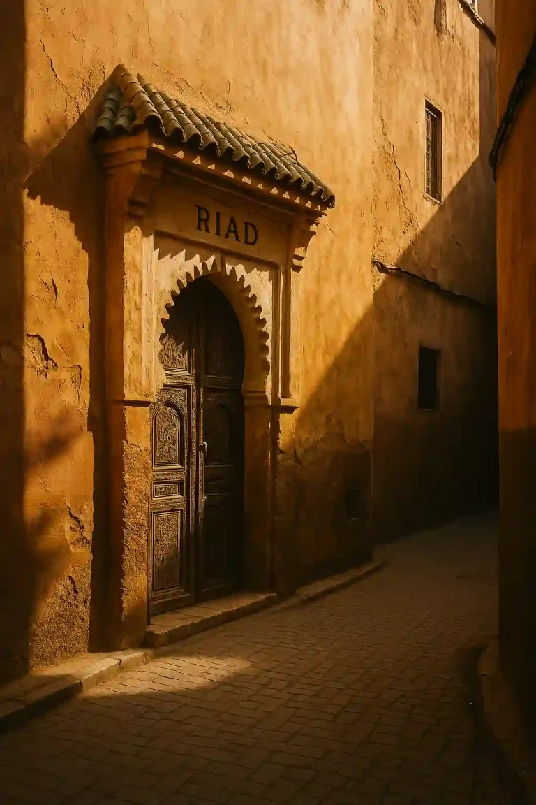 Façade d’un ancien riad à Marrakech, murs ocre et porte en bois sculpté, dans une ruelle ensoleillée de la médina