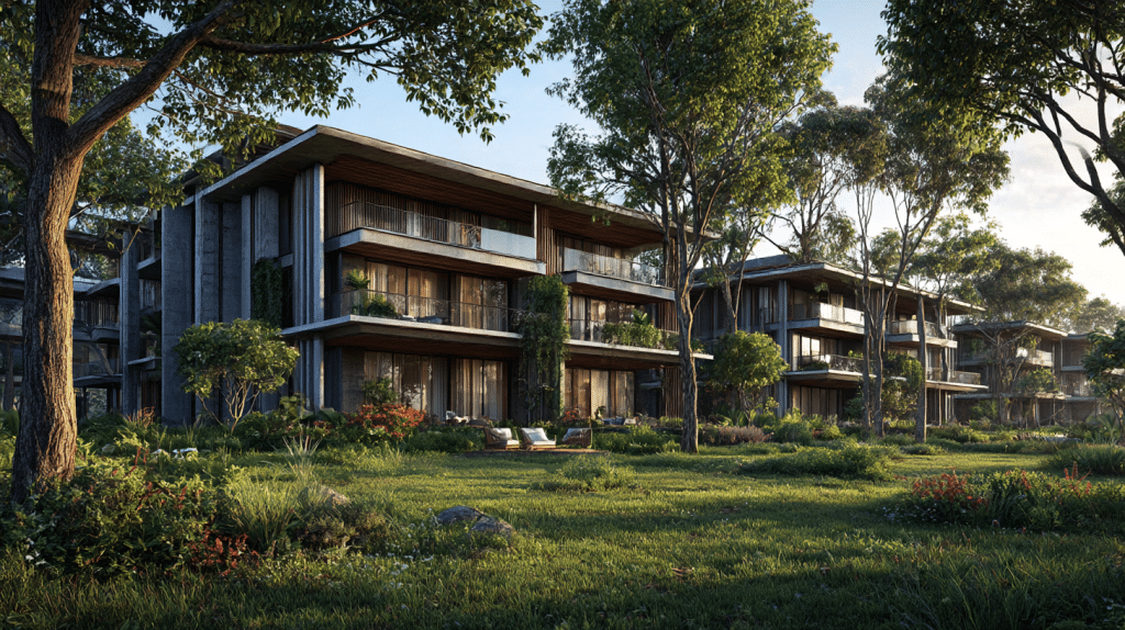 Visuel d'un duplex à vendre à Marrakech, mettant en avant de grands fenêtres et un jardin verdoyant.