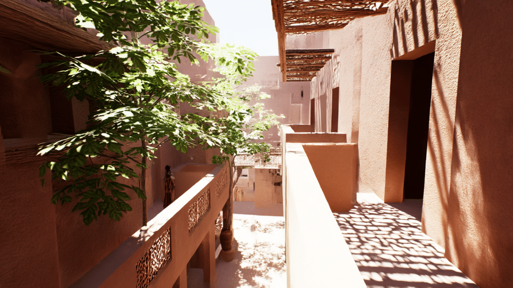 Un duplex à vendre à Marrakech avec des balcons et une vue sur un jardin luxueux.