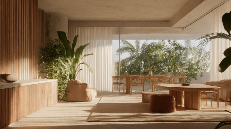 Appartement moderne en location longue durée à Marrakech avec une vue sur la verdure.