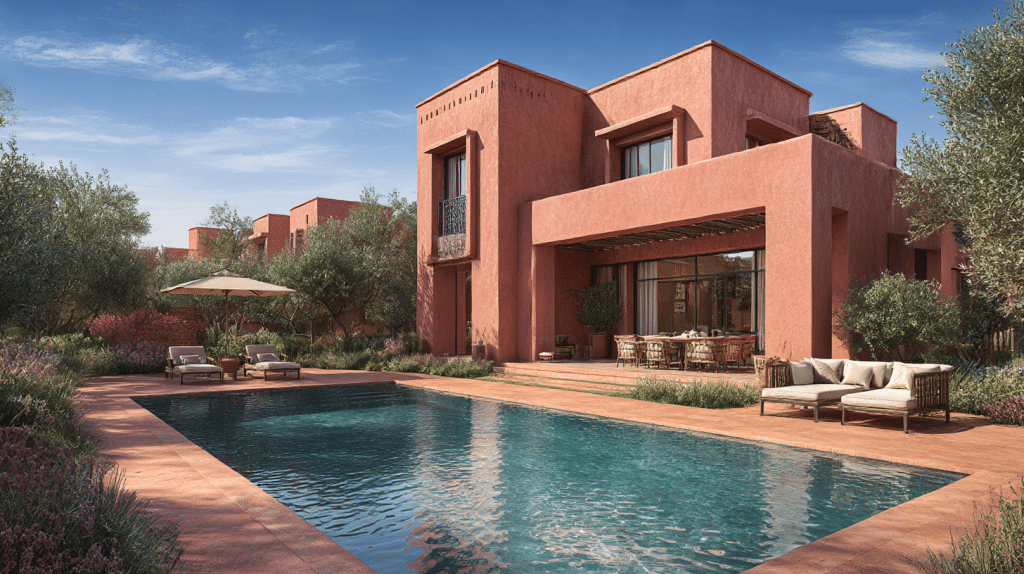 villa marrakech avec terrasses élégantes et ombres douces